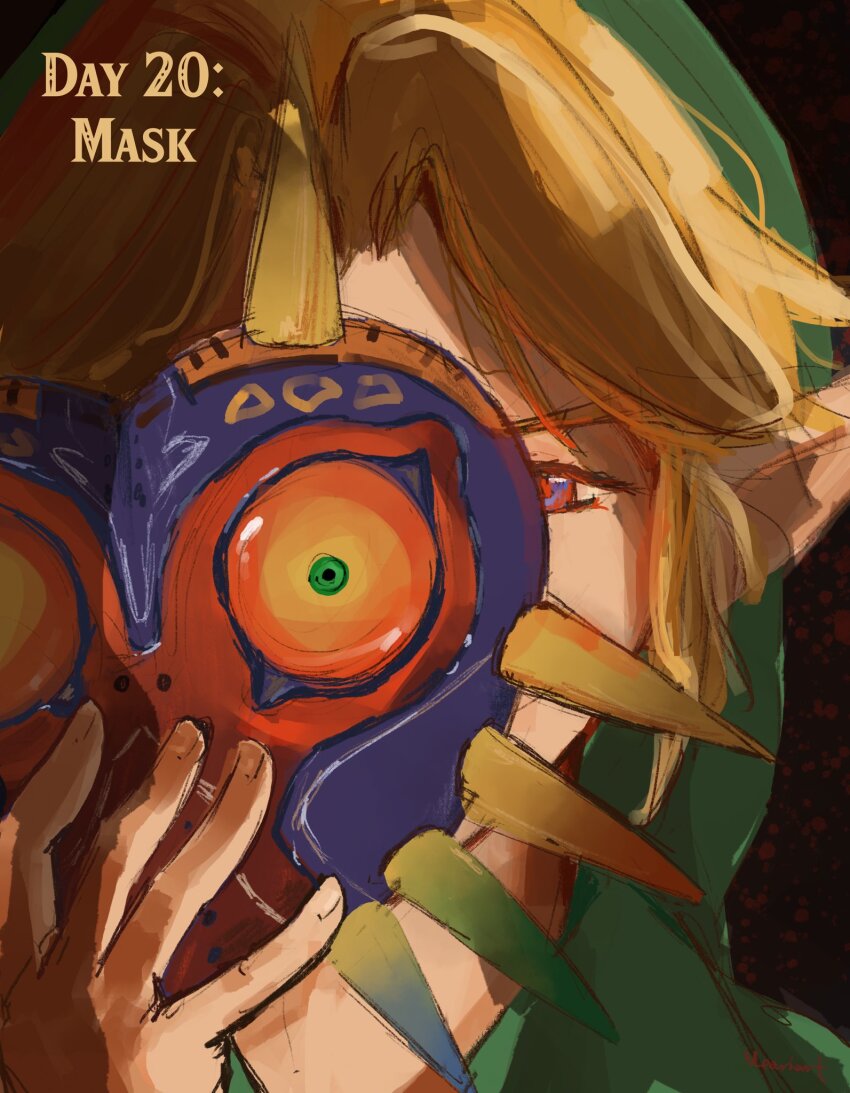 1boy black_background blonde_hair blue_eyes facing_viewer hat highres link majora_(entity) male_focus mask nintendo pointy_ears portrait red_eyes solo the_legend_of_zelda the_legend_of_zelda:_majora&#039;s_mask