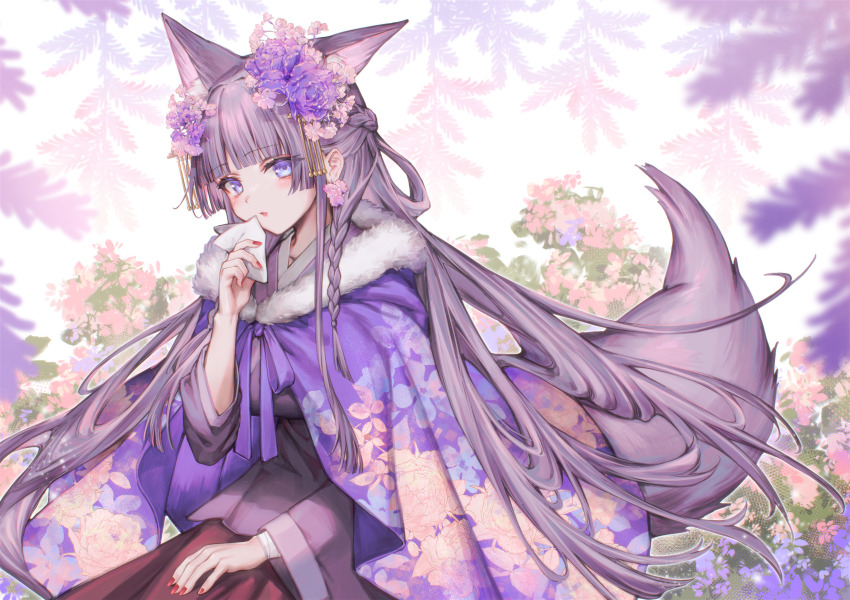 1girl absurdres alternate_costume animal_ears blunt_bangs blurry blurry_foreground blush braid cape chinese_clothes commentary_request dog_ears dog_tail fingernails floral_print flower fur-trimmed_cape fur_trim guild_cq hair_flower hair_ornament half_up_braid handkerchief highres holding holding_handkerchief long_hair long_sleeves looking_at_viewer millet_(milletneko) multicolored_cape multicolored_clothes nail_polish parody pink_flower purple_cape purple_eyes purple_flower purple_theme quon_tama red_lips red_nails side_braid solo tail three_quarter_view upper_body very_long_hair virtual_youtuber wide_sleeves