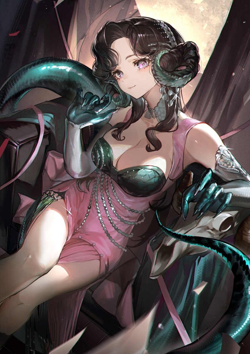 1girl absurdres anjo_nala bare_shoulders black_hair breasts cleavage closed_mouth commentary curled_horns dress green_hands green_tail hashtag-only_commentary highres hiyaori_(hiyahiyaval) horns large_breasts lizard_tail long_hair looking_at_viewer low_horns pink_dress purple_eyes reverse:1999 sitting sleeveless sleeveless_dress smile solo tail