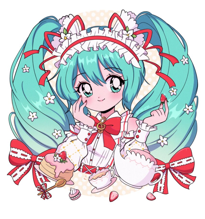 1990s_(style) 1girl absurdres blue_eyes blue_hair blush bow bowtie cake chellyko cup detached_sleeves dress drink flower food fruit hair_flower hair_ornament hatsune_miku highres holding long_hair long_sleeves looking_at_viewer macaron maid_headdress plate red_bow red_bowtie red_nails retro_artstyle sleeveless sleeveless_dress smile sparkle spoon standing strawberry strawberry_miku_(morikura) tea teacup teapot treble_clef twintails upper_body vocaloid white_background white_dress