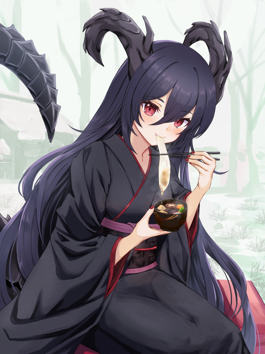 1girl black_hair black_kimono bowl chinese_zodiac chopsticks closed_mouth commentary_request dragon_girl dragon_horns dragon_tail eating fang fang_out food habu_rin hair_between_eyes highres holding holding_bowl holding_chopsticks horns japanese_clothes kimono long_hair long_sleeves looking_at_viewer mochi obi original outdoors red_eyes sash sitting snow solo tail very_long_hair wide_sleeves year_of_the_dragon