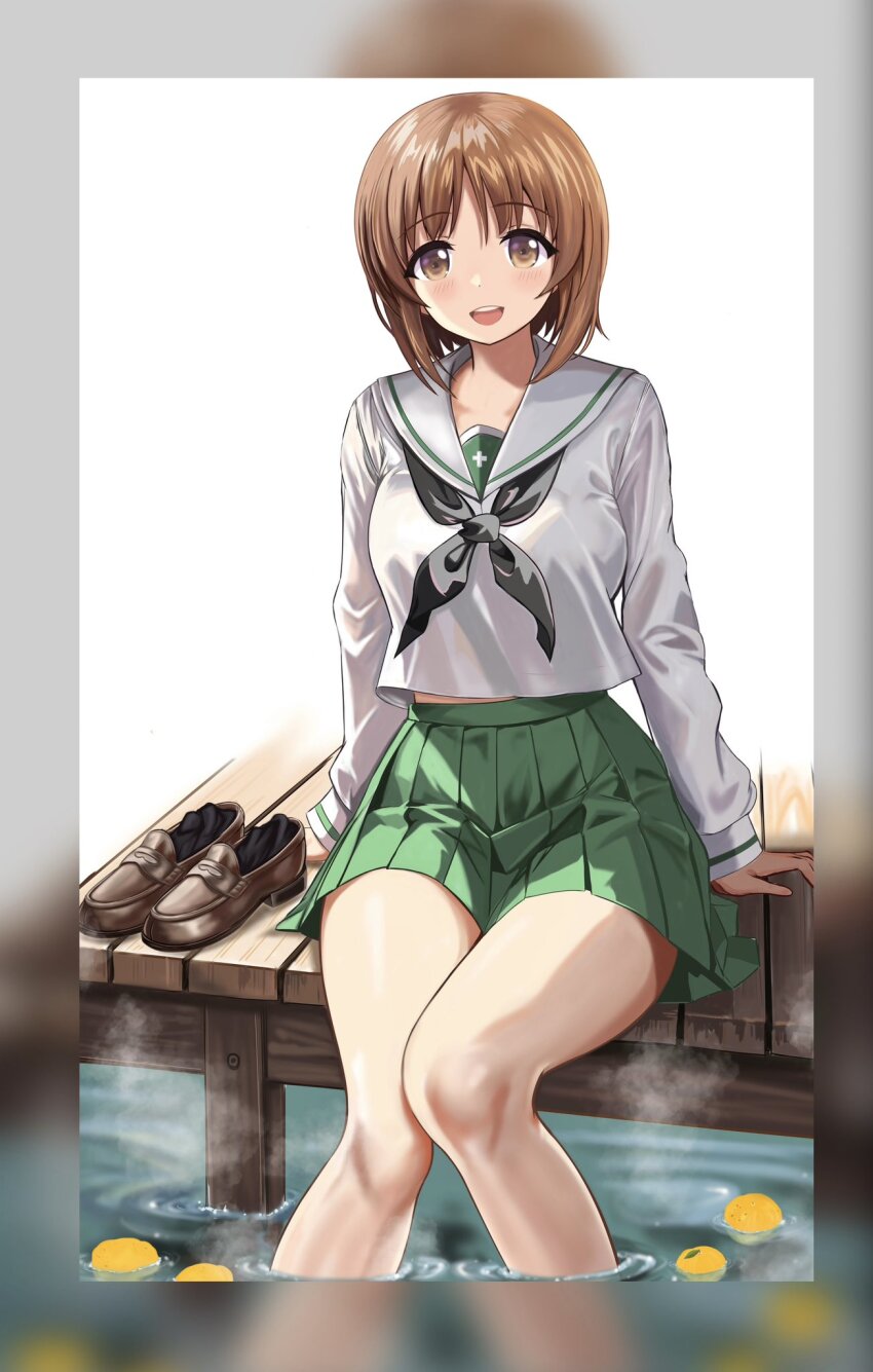 1girl black_scarf black_socks breasts bridge brown_eyes brown_footwear brown_hair commentary_request girls_und_panzer green_skirt hands_on_ground highres looking_at_viewer miniskirt nishizumi_miho onsen ooarai_school_uniform partially_submerged scarf school_uniform serafuku short_hair sitting skirt socks unworn_footwear unworn_socks white_serafuku wooden_bridge zaofeng