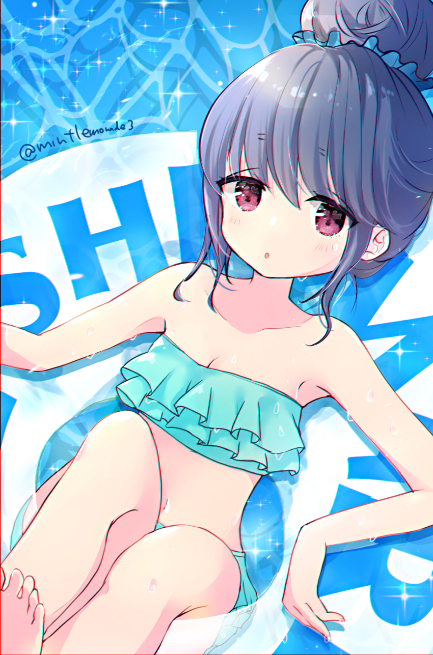 1girl :o bikini blue_hair frilled_bikini frills hair_bun highres innertube mint_(mintlemonade3) purple_eyes scrunchie shima_rin solo strapless strapless_bikini swim_ring swimsuit water wet yurucamp