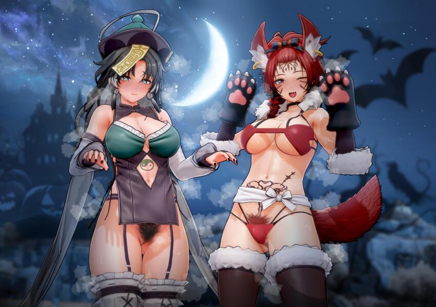 2girls absurdres actualekusu ahoge alternate_costume animal_ears animal_hands bare_shoulders bat_(animal) bikini black_hair braid breasts chinese_clothes chixia_(wuthering_waves) cowboy_shot crescent_moon earrings garter_belt gluteal_fold green_pupils hands_up highres huge_ahoge jewelry jiangshi_costume jianxin_(wuthering_waves) large_breasts looking_at_viewer moon multicolored_hair multiple_girls ofuda ofuda_on_head orb pubic_hair red_bikini red_eyes red_hair star_(sky) swimsuit tacet_mark_(wuthering_waves) tail tattoo thighhighs white_hair wuthering_waves yin_yang yin_yang_orb