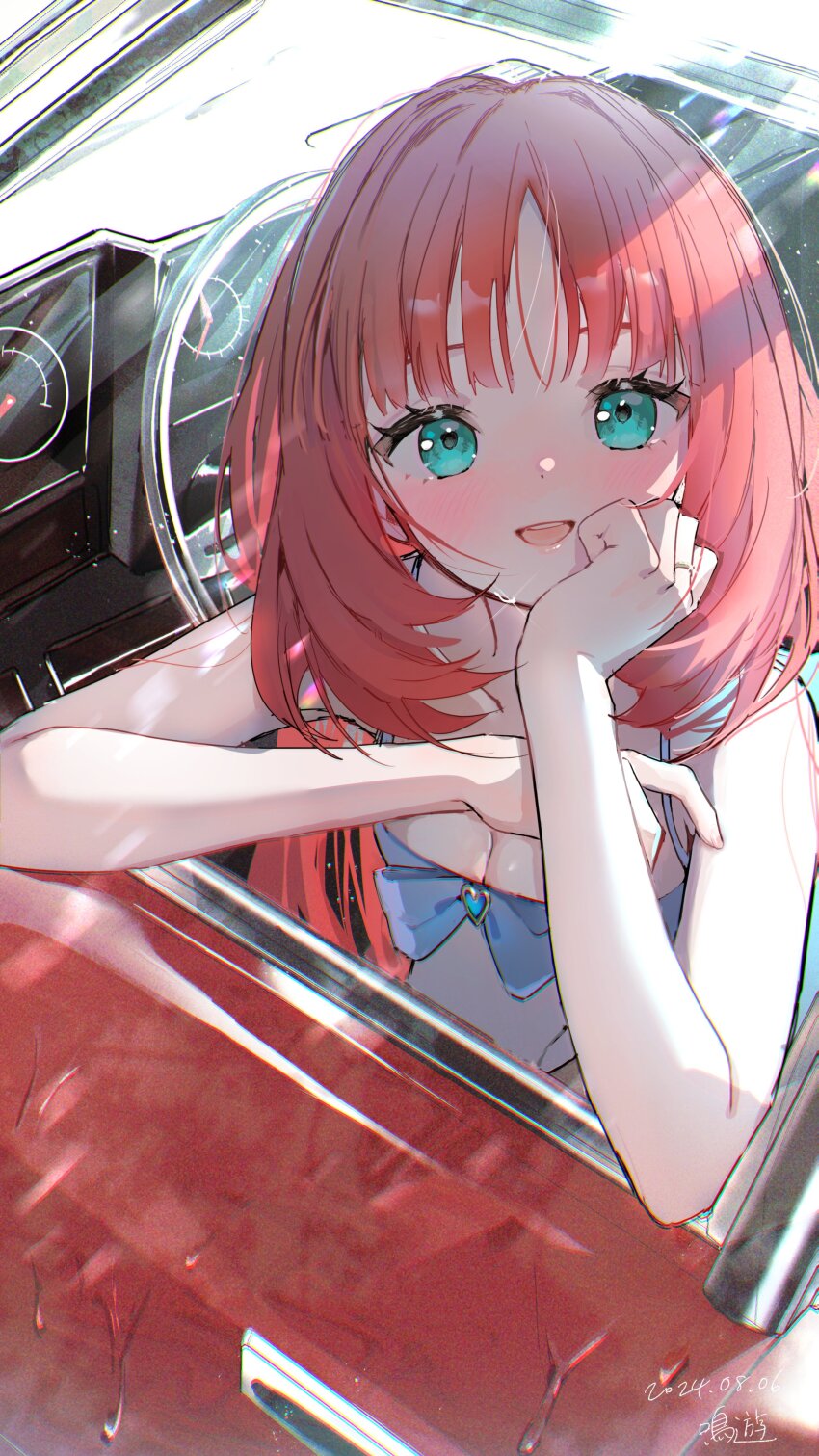 1girl absurdres alternate_costume aqua_eyes bare_shoulders blush breasts car car_door cleavage contemporary dated door gauge genshin_impact hair_intakes hand_on_own_cheek hand_on_own_face heart highres jewelry kneeling kuqfh leaning_forward long_hair looking_at_viewer motor_vehicle nilou_(genshin_impact) parted_bangs red_hair sidelocks signature smile solo steering_wheel sweat