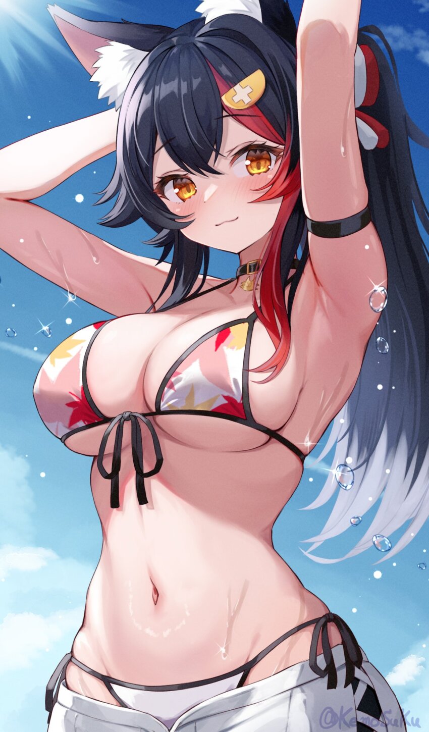 1girl animal_ear_fluff animal_ears arm_strap armpits arms_up bikini black_hair blue_sky blush breasts cleavage cloud floral_print_bikini hair_ornament hairpin highres hololive keesuke_(kkosyoku) large_breasts long_hair multicolored_hair navel official_alternate_costume ookami_mio ookami_mio_(hololive_summer_2019) orange_eyes ponytail red_hair shorts sky smile solo streaked_hair swimsuit virtual_youtuber white_bikini white_shorts wolf_ears wolf_girl