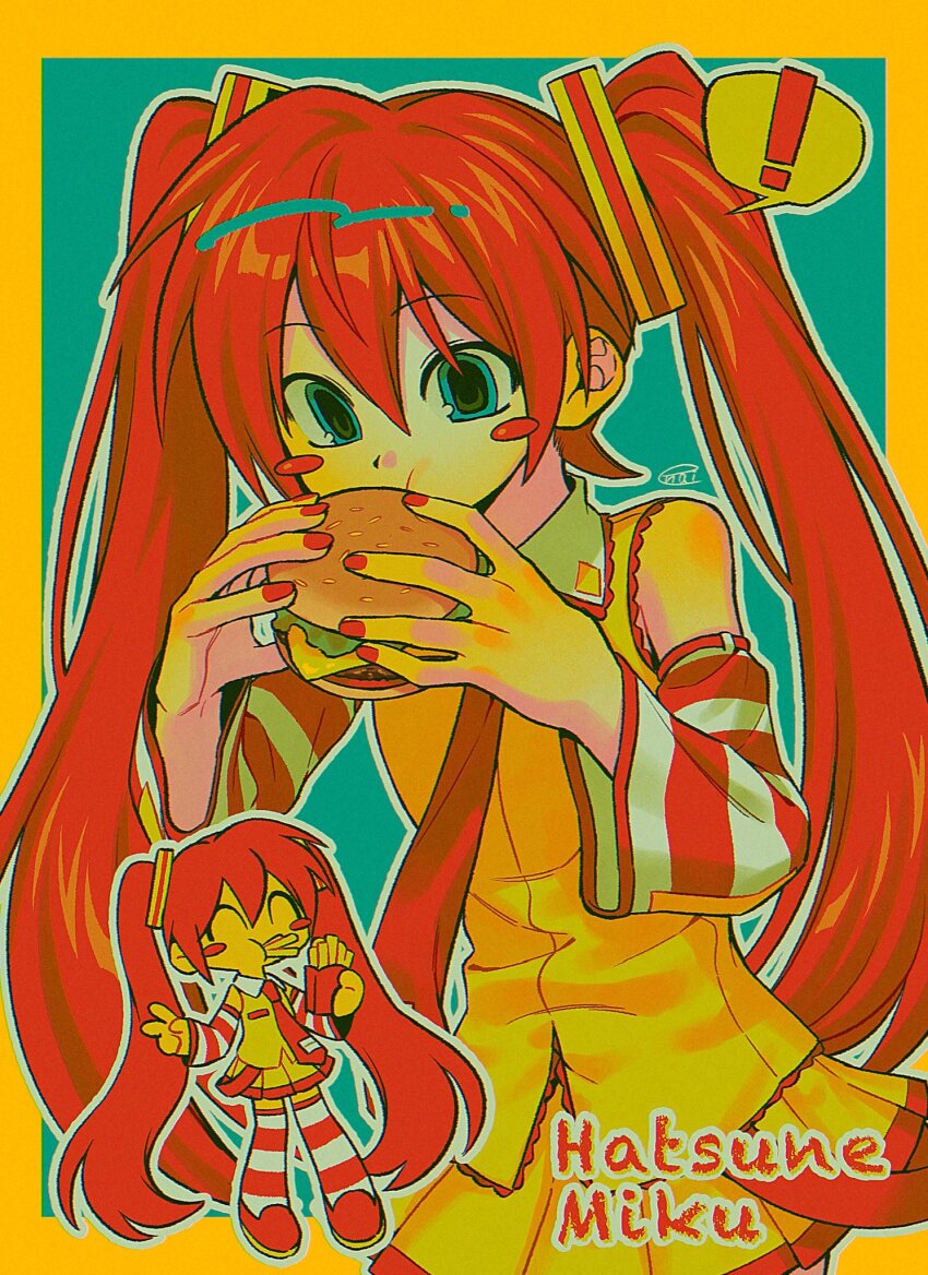 ! 1girl ^_^ adapted_costume alternate_hair_color aqua_background aqua_eyes bare_shoulders blush_stickers border burger character_name chibi chibi_inset closed_eyes colored_skin cosplay detached_sleeves eating food food_in_mouth french_fries hair_ornament hatsune_miku highres holding holding_burger holding_food long_hair mcdonald&#039;s menma_(enaic31) multiple_views nail_polish necktie outline outside_border red_footwear red_hair red_nails red_necktie ronald_mcdonald ronald_mcdonald_(cosplay) shirt signature sleeveless sleeveless_shirt speech_bubble spoken_exclamation_mark striped_clothes striped_sleeves striped_thighhighs thighhighs twintails very_long_hair vocaloid white_outline yellow_border yellow_shirt yellow_skin