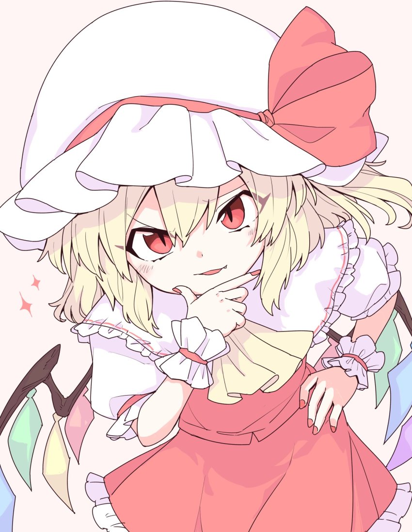 1girl ascot blonde_hair blush bow crystal eyes_visible_through_hair fang flandre_scarlet frilled_shirt frilled_shirt_collar frilled_skirt frilled_sleeves frills hand_on_own_face hat hat_ribbon highres looking_at_viewer mob_cap nail_polish oninamako puffy_short_sleeves puffy_sleeves red_bow red_eyes red_ribbon red_skirt red_vest ribbon shirt short_hair short_sleeves side_ponytail simple_background skirt skirt_set touhou vest white_shirt wings wrist_cuffs yellow_ascot