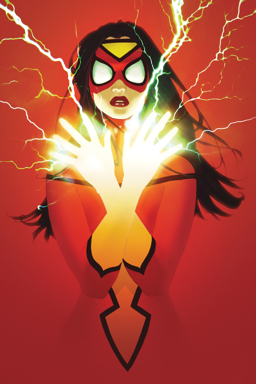 1girl black_hair bodysuit electricity highres jessica_drew long_hair looking_at_viewer marvel mask red_background red_bodysuit red_lips scott_forbes solo spider-man_(series) spider-woman superhero_costume two-tone_bodysuit upper_body yellow_bodysuit