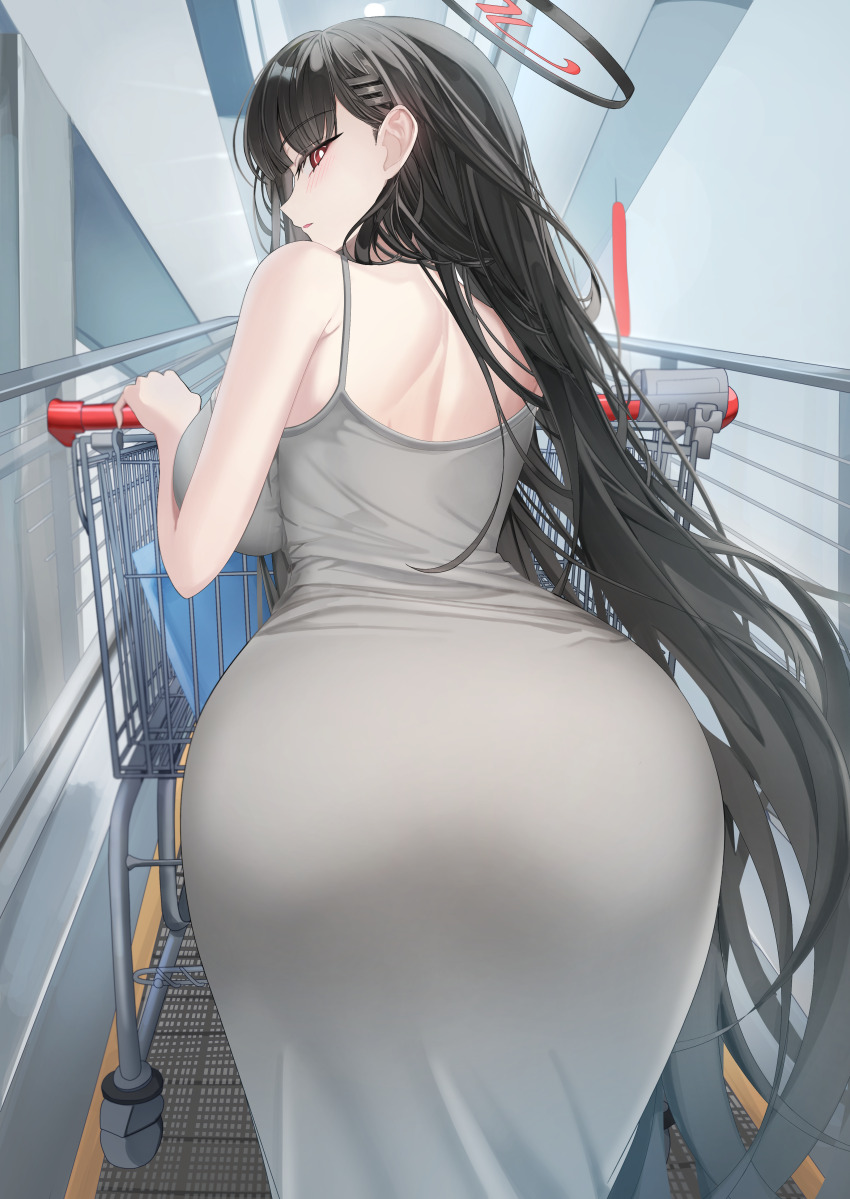 1girl absurdres ass ass_focus blue_archive dongtan_dress dress from_behind grey_dress hair_ornament highres long_hair looking_back meme_attire red_eyes rio_(blue_archive) samenami0711 shopping_cart