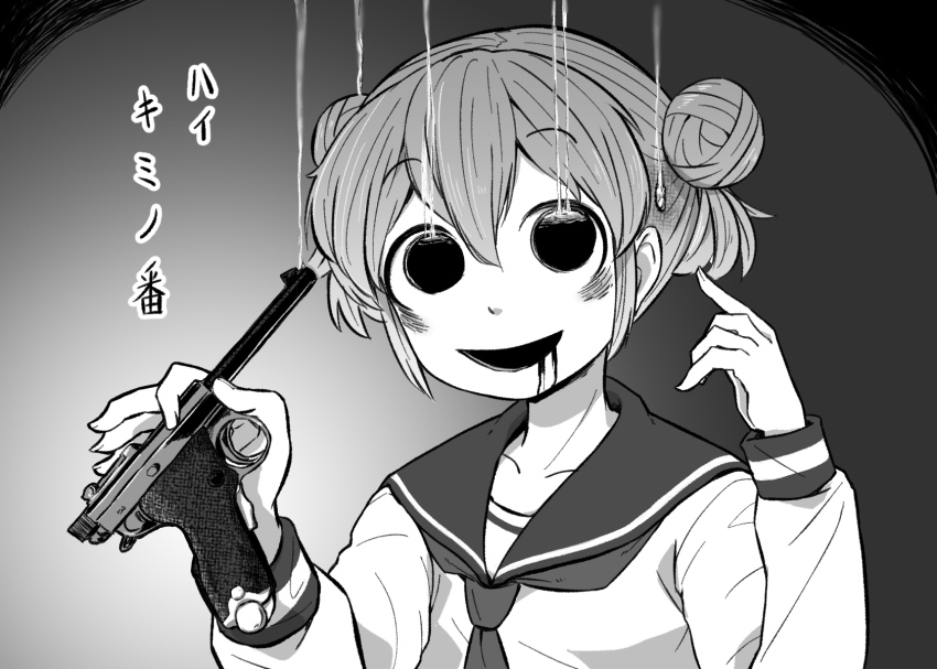 1girl 4shi bags_under_eyes bullet_hole collarbone commentary_request dango-chan_(4shi) double_bun drooling greyscale gun hair_bun handgun hands_up highres holding holding_gun holding_weapon hole_in_head hollow_eyes long_sleeves looking_at_viewer monochrome neckerchief open_mouth original pointing pointing_at_self russian_roulette sailor_collar school_uniform serafuku short_hair smile smoke smoke_trail solo translation_request upper_body weapon weapon_request you&#039;re_doing_it_wrong