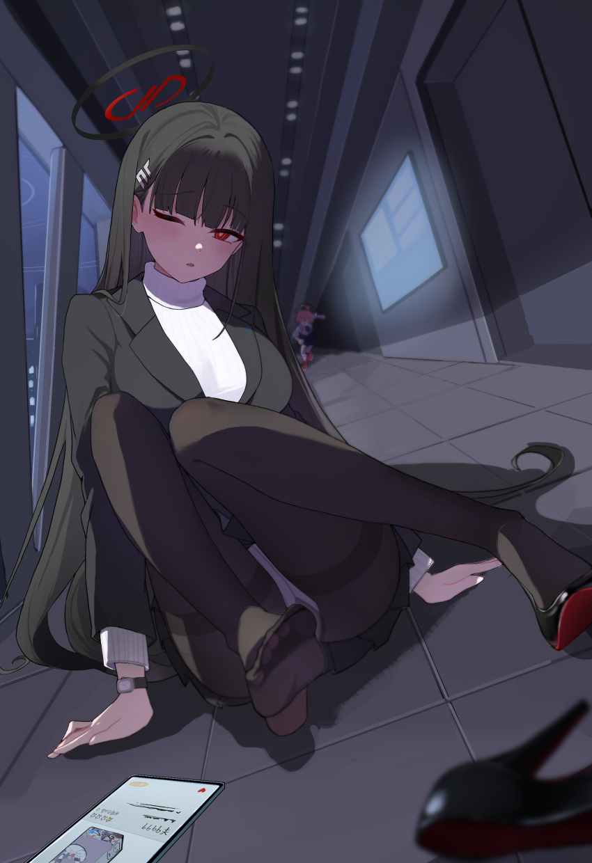 2girls absurdres black_hair black_pantyhose black_vest blue_archive blurry breasts depth_of_field feet hallway halo high_heels highres indoors large_breasts legs long_hair looking_at_viewer master_mocha mechanical_halo multiple_girls neru_(blue_archive) neru_(school_uniform)_(blue_archive) official_alternate_costume one_eye_closed panties pantyhose pantyshot parted_lips red_eyes rio_(blue_archive) sitting soles solo_focus sweater thighband_pantyhose toes turtleneck turtleneck_sweater underwear variant_set very_long_hair vest white_panties white_sweater