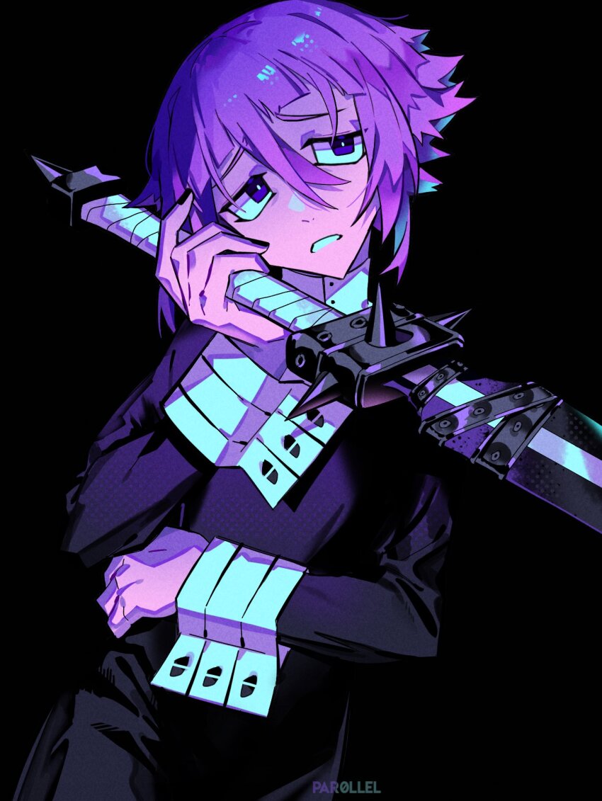 1other androgynous artist_name bandages black_background black_dress black_nails bright_pupils clenched_teeth commentary crona_(soul_eater) dress english_commentary flipped_hair hair_between_eyes halftone hand_up head_tilt highres holding holding_sword holding_weapon long_sleeves looking_to_the_side nail_polish other_focus par0llel purple_eyes purple_hair short_hair simple_background solo soul_eater square_eyes sword teeth upper_body weapon white_pupils