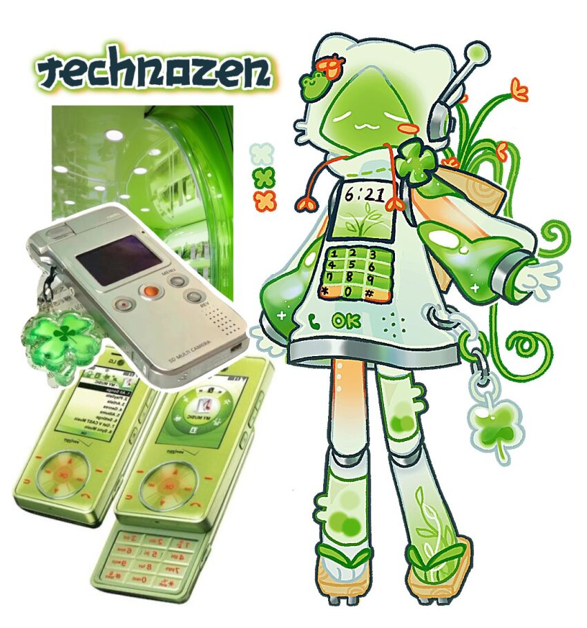 1girl :3 antennae bomal1215 cellphone cellphone_strap clock clover digital_clock digital_media_player flip_phone four-leaf_clover frog_hair_ornament geta green_theme hair_ornament mechanical_legs original personification phone plant robot sandals tabi vines