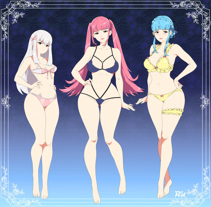 3girls absurdres alternate_breast_size alternate_costume artist_logo artist_name bikini blue_background blue_bikini blue_hair blunt_bangs blush bow braid breasts brown_eyes closed_mouth collarbone crown_braid eyelashes feet fire_emblem fire_emblem:_three_houses floral_background flower frilled_bikini frills front-tie_bikini_top front-tie_top gradient_background grey_hair hair_bow hair_ornament hand_on_own_hip hands_on_own_hips hat highres hilda_valentine_goneril large_breasts legs lips logo long_hair looking_at_viewer lysithea_von_ordelia marianne_von_edmund medium_breasts micro_bikini multiple_girls navel nintendo patterned_clothing pink_bikini pink_bow pink_eyes pink_lips r3dfive short_hair_with_long_locks sidelocks smile swimsuit thigh_strap thighs tiptoes toenails toes twintails very_long_hair yellow_bikini