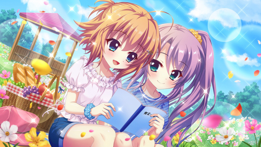 2girls ahoge aqua_eyes baguette birthday blue_eyes blue_scrunchie blue_shirt blue_shorts blue_sky blurry blurry_foreground book bread closed_mouth cloud day denim denim_shorts diagonal-striped_shirt dot_nose dutch_angle falling_petals field film_grain flower flower_field food frilled_shirt frills fruit game_cg grapes grass hair_ornament hair_scrunchie hairclip high_ponytail izumi_tsubasu lens_flare long_hair looking_at_another multiple_girls nature non-web_source official_art on_ground open_book open_mouth orange_hair outdoors petals pink_bag pink_flower plate polka_dot polka_dot_scrunchie purple_hair purple_petals re:stage! red_petals scrunchie shared_book shikimiya_mana shirt short_hair shorts sitting sky smile sparkle tree tsukisaka_sayu white_flower white_petals white_shirt wrist_scrunchie yellow_flower yellow_petals yellow_scrunchie