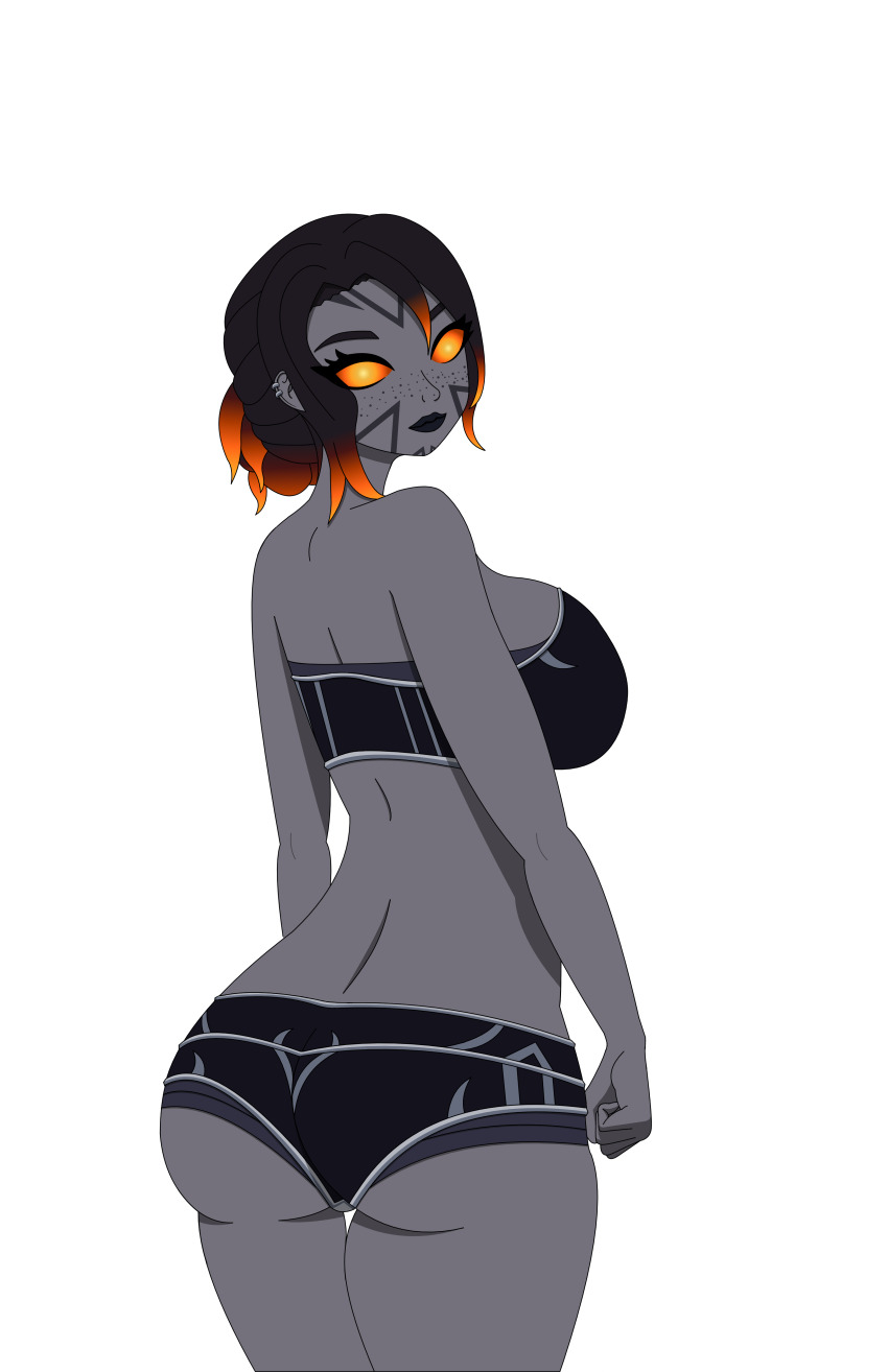 absurdres ass back_turned bra dark-skinned_female dark_iron_dwarf dark_skin facial_tattoo fiery_hair flaming_eye glowing glowing_eyes glowing_hair highres huge_ass looking_at_viewer non-web_source panties tattoo thick_thighs thighs underwear warcraft world_of_warcraft