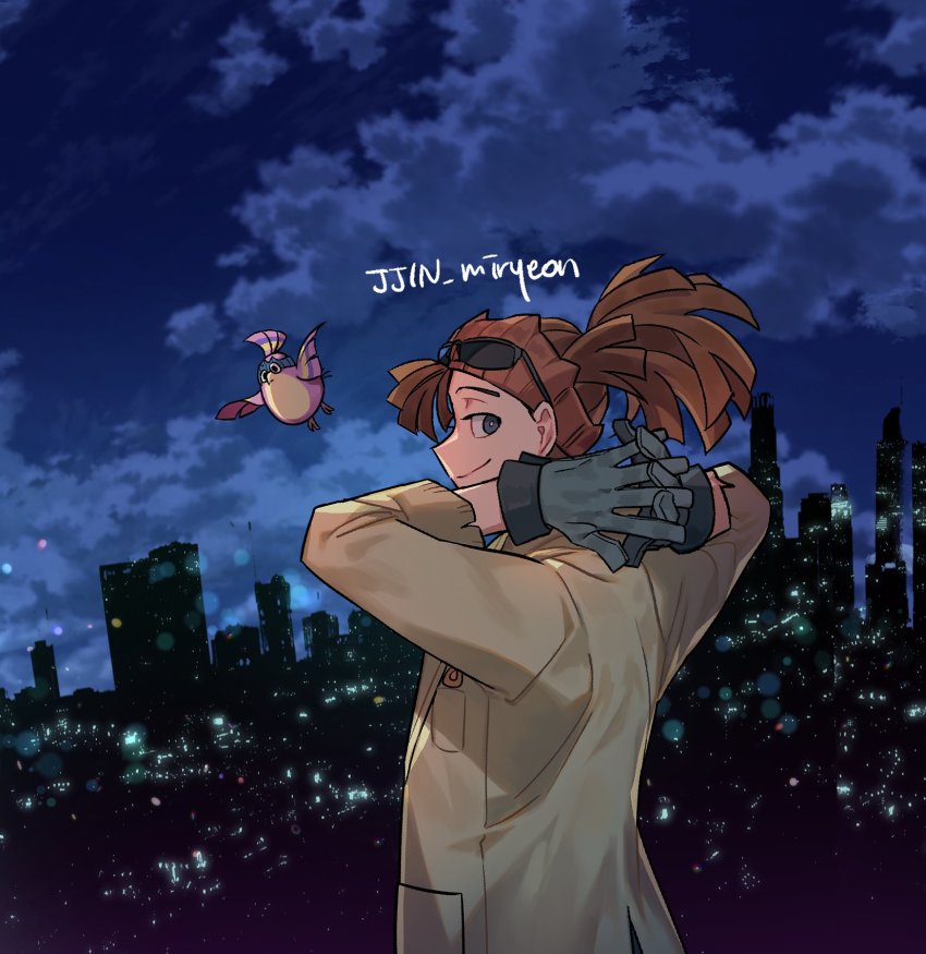 1boy arms_behind_head bird boku_no_hero_academia brown_hair brown_jacket building cityscape closed_mouth cloud commentary_request gloves grey_eyes grey_gloves highres jacket korean_commentary long_hair long_sleeves looking_at_viewer looking_back misa_(jjin_miryeon) night pino_(boku_no_hero_academia) ponytail rody_soul signature skyscraper smile standing twitter_username