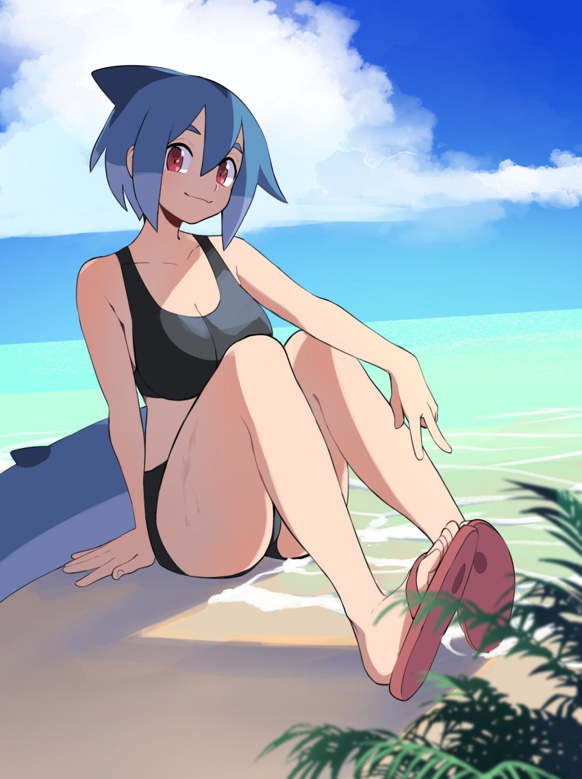 1girl arm_support azuumori beach bikini black_bikini blue_hair breasts closed_mouth commentary english_commentary fins fish_tail full_body hair_between_eyes highres large_breasts looking_at_viewer mako_(azuumori) medium_breasts original outdoors red_eyes sandals shark_girl shark_tail short_hair short_shorts shorts sitting smile solo sports_bra swimsuit tail