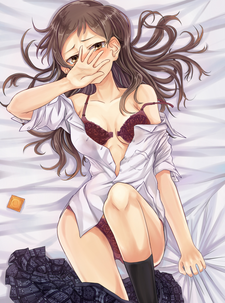 10s 1girl arigato_(rmskrtkdlqj) bad_id bad_pixiv_id blush bra breasts brown_eyes brown_hair cleavage clothes_pull condom covering_own_mouth embarrassed female_focus highres idolmaster idolmaster_million_live! kitazawa_shiho long_hair looking_at_viewer lying on_back open_bra open_clothes open_shirt panties red_bra red_panties shirt skirt skirt_pull solo underwear undressing