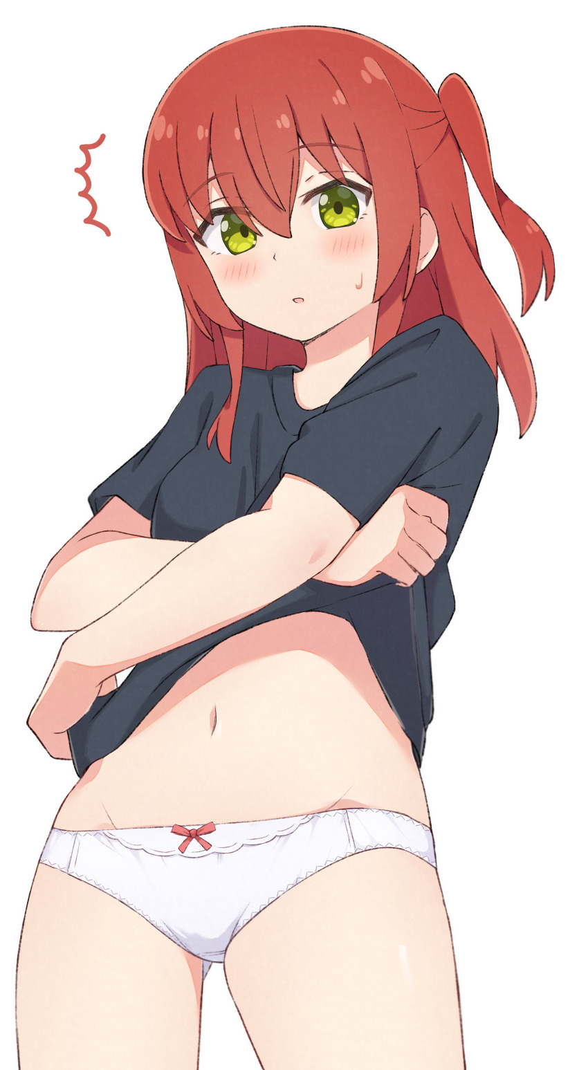 1girl absurdres black_shirt blush bocchi_the_rock! bow bow_panties clothes_lift commentary green_eyes hair_between_eyes highres kita_ikuyo lifting_own_clothes long_hair looking_at_viewer mimori_(mimori_05) navel no_pants one_side_up open_mouth panties red_hair revision shirt shirt_lift short_sleeves simple_background solo standing sweat underwear undressing white_background white_panties