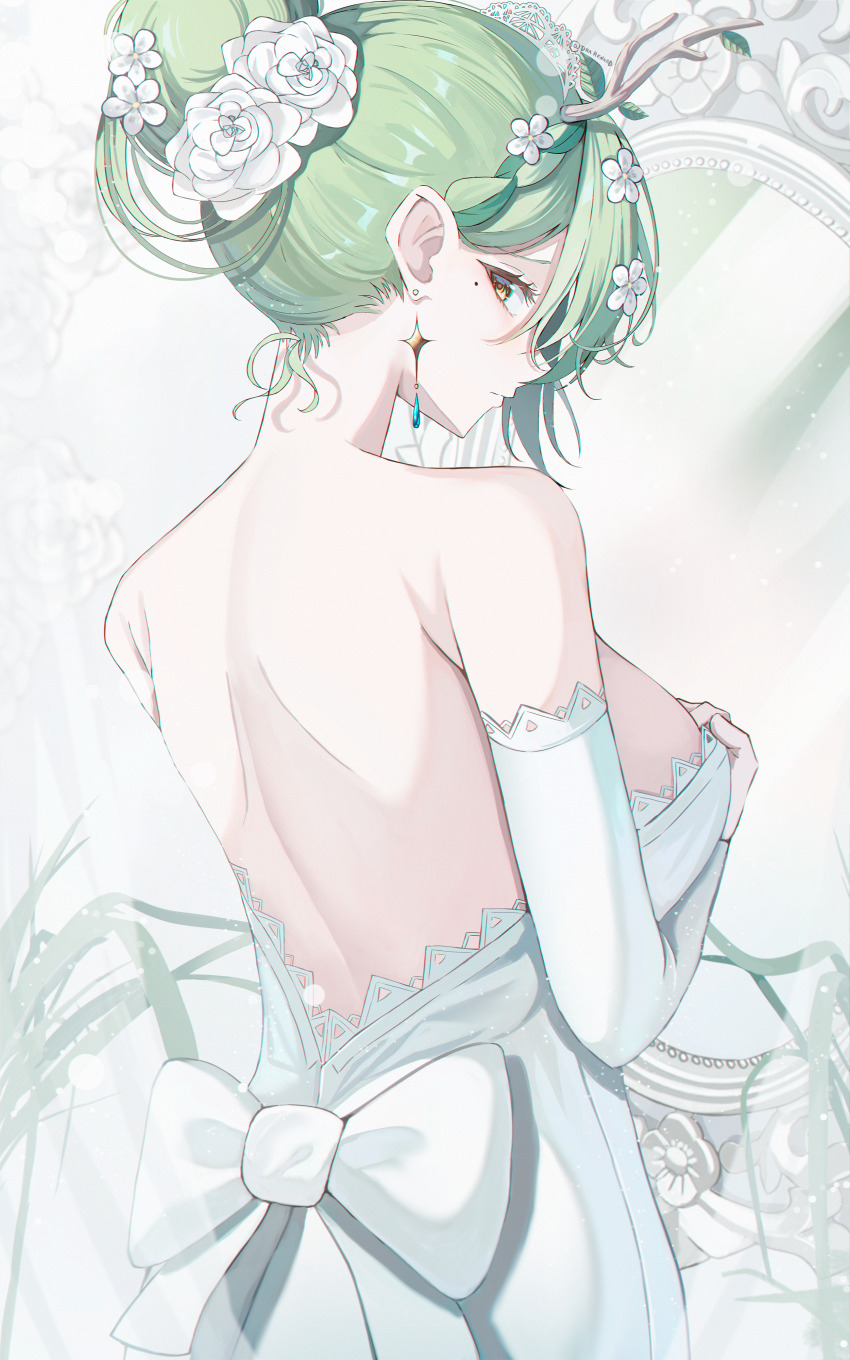 1girl absurdres antlers back back_bow back_focus back_ribbon bare_shoulders bow braid bridal_gauntlets ceres_fauna commentary deer_antlers dra_renard dress earrings elbow_sleeve flower flower_on_head green_hair hair_bun hair_over_eyes hand_on_own_chest highres hololive hololive_english horns jewelry looking_at_viewer looking_back median_furrow petal_on_head side_braids single_hair_bun solo symbol-only_commentary tiara virtual_youtuber wedding_dress white_bridal_gauntlets white_dress white_theme yellow_eyes