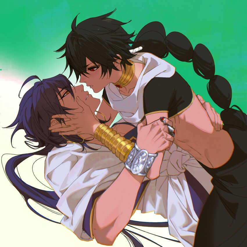 2boys arabian_clothes black_pants black_shirt blue_hair bracelet bracer commentary crop_top english_commentary eye_contact hair_between_eyes hair_tie hand_on_another&#039;s_arm hand_on_another&#039;s_back hands_on_another&#039;s_face highres jewelry judal long_hair looking_at_another lying magi_the_labyrinth_of_magic male_focus midriff multi-tied_hair multiple_boys multiple_rings necklace ngop on_back orange_eyes pants parted_lips puffy_pants red_eyes ring robe shirt sinbad_(magi) teeth white_robe yaoi