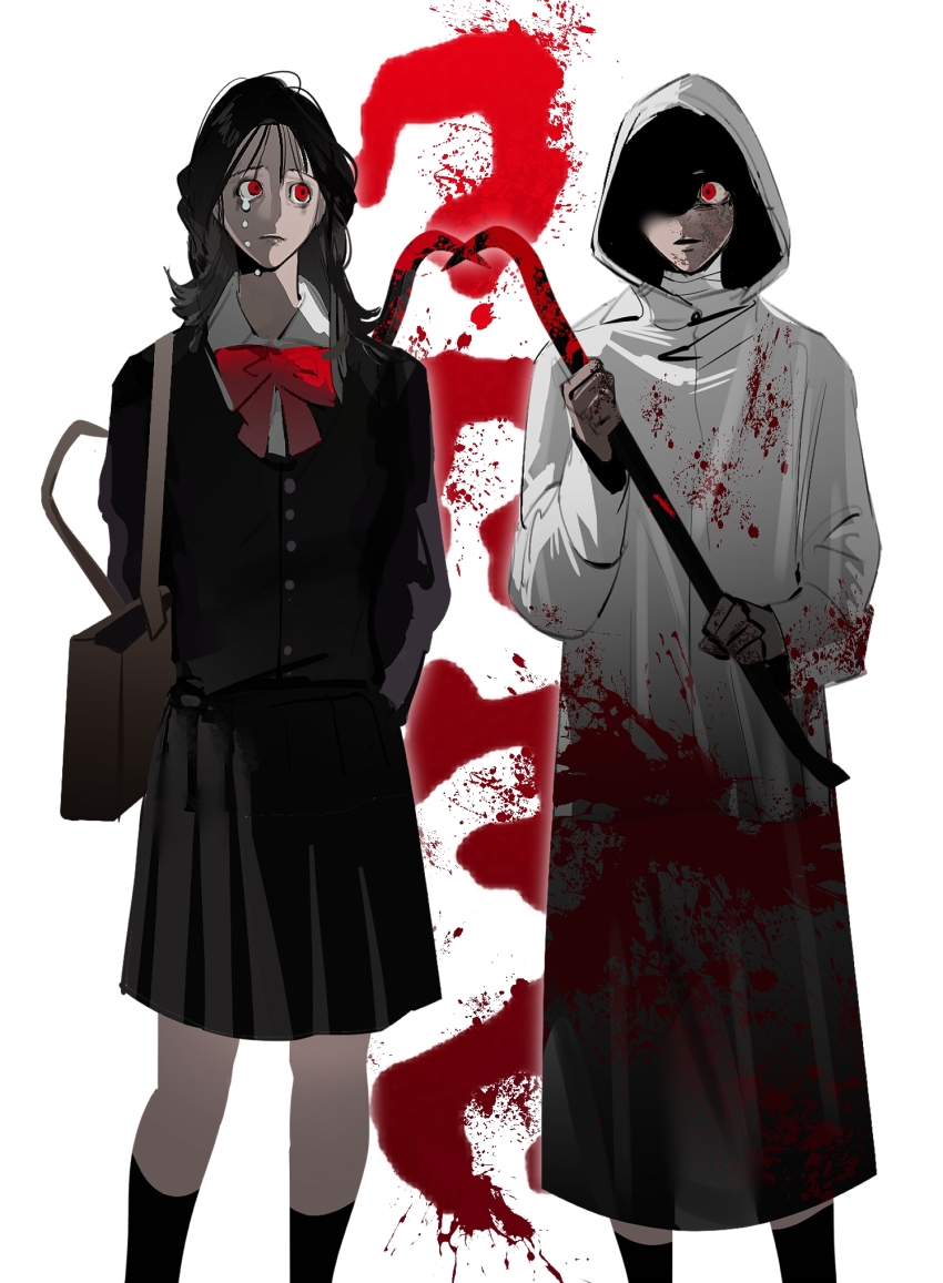 2girls bag bandaged_neck bandages black_cardigan black_hair blood blood_on_clothes cardigan chinese_commentary commentary_request crowbar crying crying_with_eyes_open dual_persona feet_out_of_frame heroine_(homicipher) highres holding holding_crowbar homicipher homicipher_text hood hood_up long_hair multiple_girls raincoat red_eyes school_uniform shaded_face shoulder_bag skirt standing tears white_background white_raincoat yu_lan