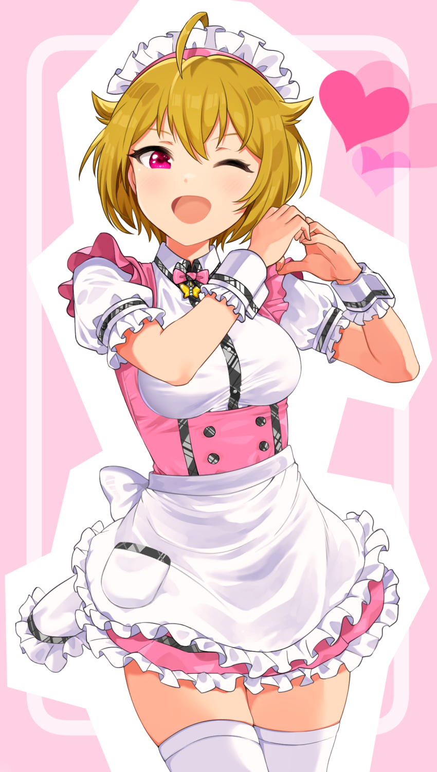 1girl ahoge apron blonde_hair blush bow bowtie breasts cowboy_shot dot_nose dress frilled_apron frilled_shirt frills hair_between_eyes hair_flaps hanamasa_ono heart heart_hands highres ibuki_tsubasa idolmaster idolmaster_million_live! idolmaster_million_live!_theater_days large_breasts looking_at_viewer miniskirt one_eye_closed open_mouth pink_background pink_bow pink_bowtie pink_dress pretty_waitress_(idolmaster) red_eyes shirt short_hair short_sleeves skirt smile solo standing thighhighs underbust v-shaped_eyebrows waist_apron white_apron white_headdress white_shirt white_thighhighs white_wrist_cuffs wrist_cuffs zettai_ryouiki