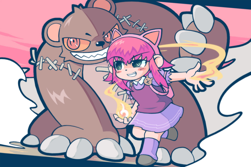 1boy 1girl animal_ears annie_(league_of_legends) bear black_footwear blush cat_ears child colored_sclera dot_nose dress eyebrows eyelashes fake_animal_ears full_body green_eyes grin kayo!!_(gotoran) league_of_legends looking_ahead medium_hair orange_eyes orange_sclera pink_hair purple_dress purple_hair purple_socks purple_sweater sharp_teeth shoes short_sleeves skirt smile socks standing standing_on_one_leg sweater teeth tibbers