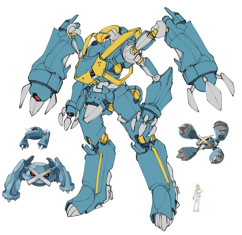 1girl armor black_sclera blue_armor claws colored_sclera creature_and_personification creatures_(company) extra_arms full_body game_freak gen_3_pokemon highres mecha mecha_focus mega_metagross mega_pokemon metagross metang multicolored_armor nintendo official_art_inset personification pokemon red_eyes rikodamu1 robot simple_background size_comparison standing white_background yellow_armor