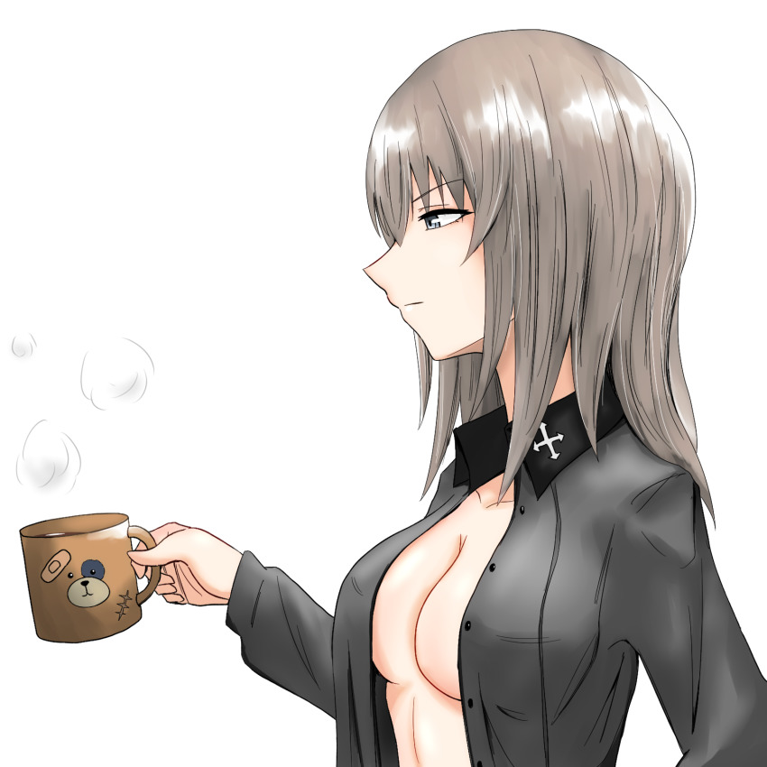 1girl animal_print bad_id bad_pixiv_id bear_print blue_eyes boko_(girls_und_panzer) breasts cleavage closed_mouth coffee_mug commentary cup dress_shirt girls_und_panzer grey_shirt half-closed_eyes highres holding holding_cup insignia itsumi_erika kuromorimine_school_uniform light_frown long_sleeves medium_breasts medium_hair mug no_bra open_clothes open_shirt school_uniform shirt silver_hair simple_background solo steam upper_body white_background yaegashi_isa