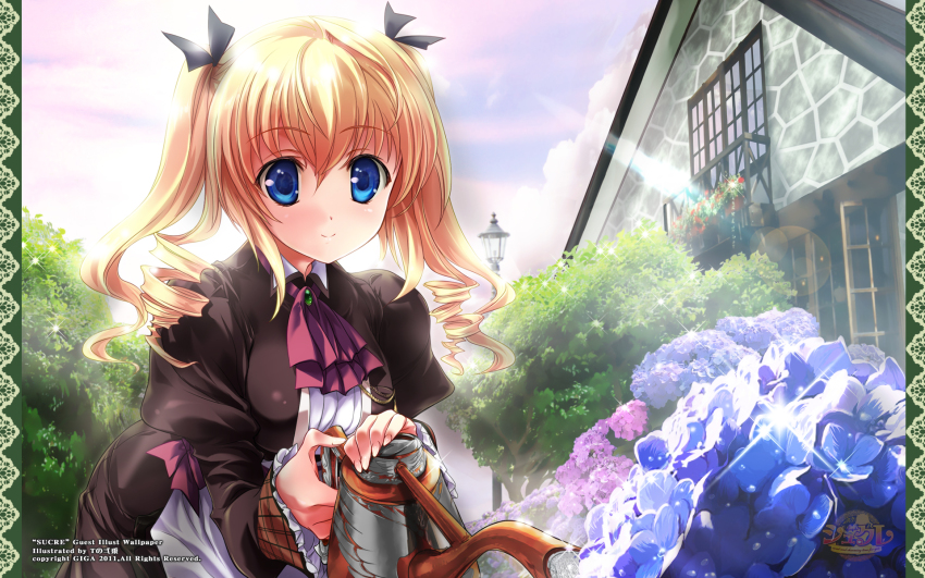 1girl amakawa_chizuru ascot blonde_hair blue_eyes brooch building drill_hair female_focus flower highres hydrangea jewelry lamppost lens_flare light_rays long_hair long_sleeves sky smile solo sparkle sucre sunbeam sunlight tnonizyou tree twin_drills twintails watering watering_can