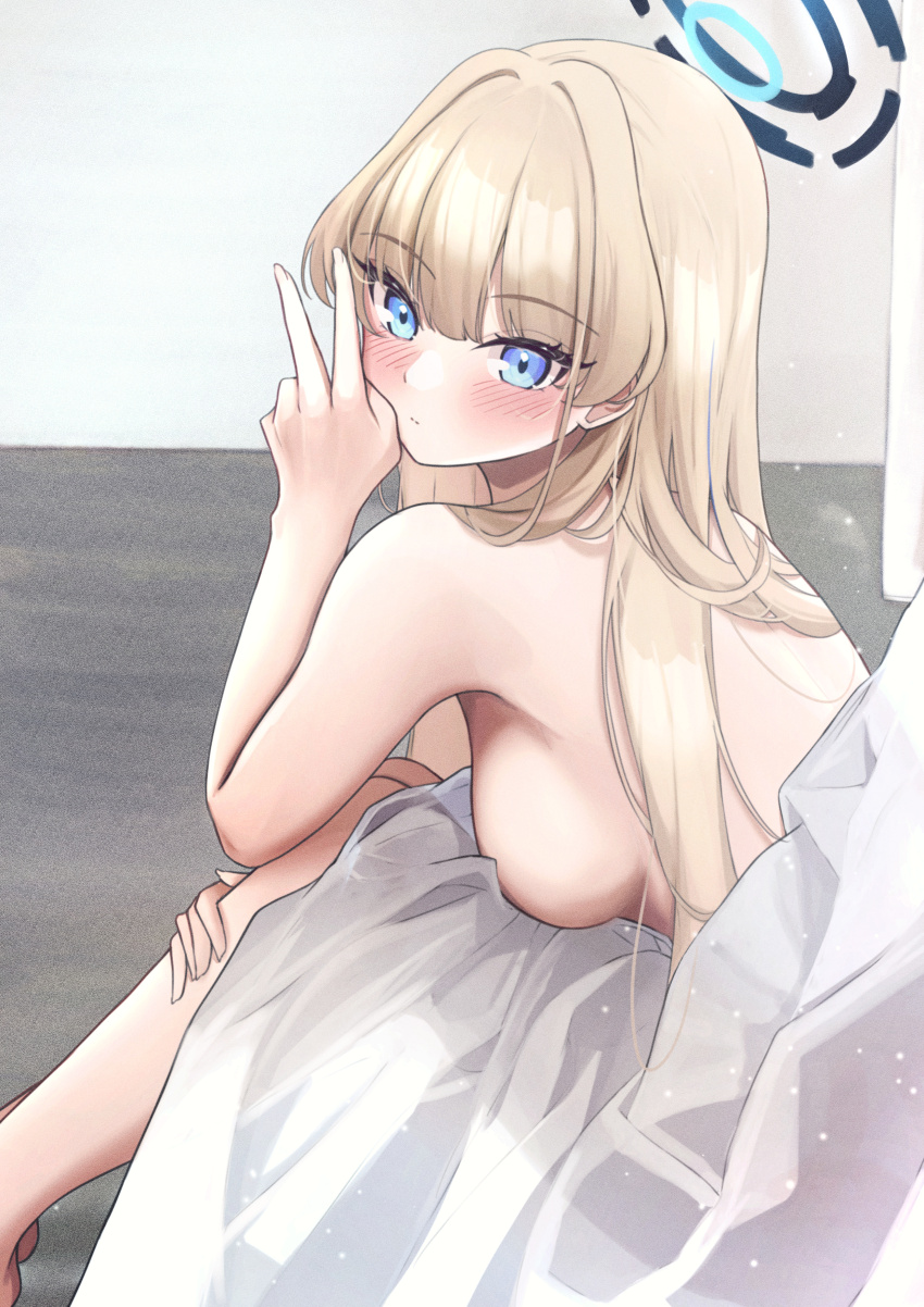 1girl absurdres bare_arms barefoot blanket blonde_hair blue_archive blue_eyes blush breasts commentary highres long_hair looking_at_viewer looking_to_the_side medium_breasts mofu07519 no_halo revision sideboob sitting skirt solo straight_hair toki_(blue_archive) topless v very_long_hair white_skirt