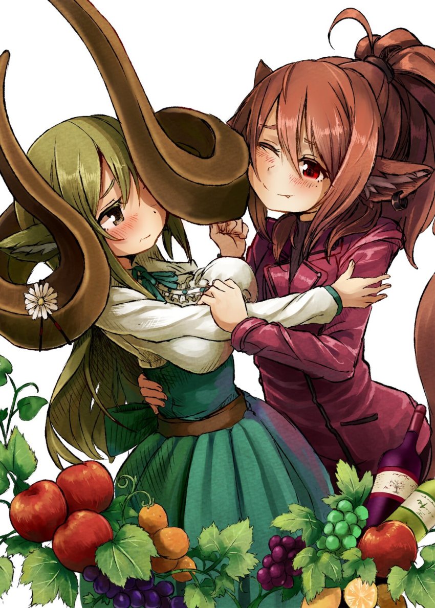 159cm 2girls :t ahoge animal_ears apple belt blush bottle breasts brown_belt closed_mouth curled_horns earrings embarrassed food fruit gran-chan_(159cm) grapes green_hair green_ribbon green_skirt high-waist_skirt highres horns huge_horns jacket jewelry large_breasts long_sleeves multiple_girls neck_ribbon one_eye_closed original ponytail apple red_eyes red_jacket ribbon shirt simple_background skirt smile tail white_background white_shirt wine-chan_(159cm) wine_bottle