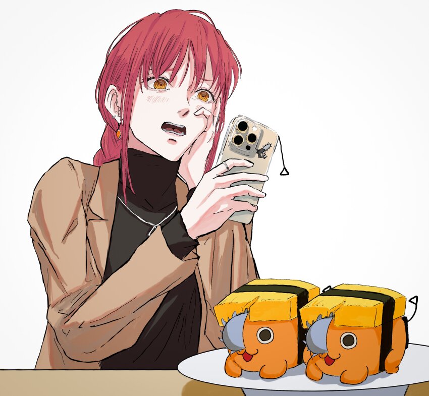 1girl absurdres black_sweater brown_jacket cellphone chainsaw_devil chainsaw_man character_sticker earrings food hand_on_own_cheek hand_on_own_face highres holding holding_phone jacket jewelry light_blush makima_(chainsaw_man) nabe92213 necklace open_mouth phone plate pochita_(chainsaw_man) red_hair ring ringed_eyes sidelocks simple_background smartphone solo sushi sweater table teeth turtleneck turtleneck_sweater white_background yellow_eyes