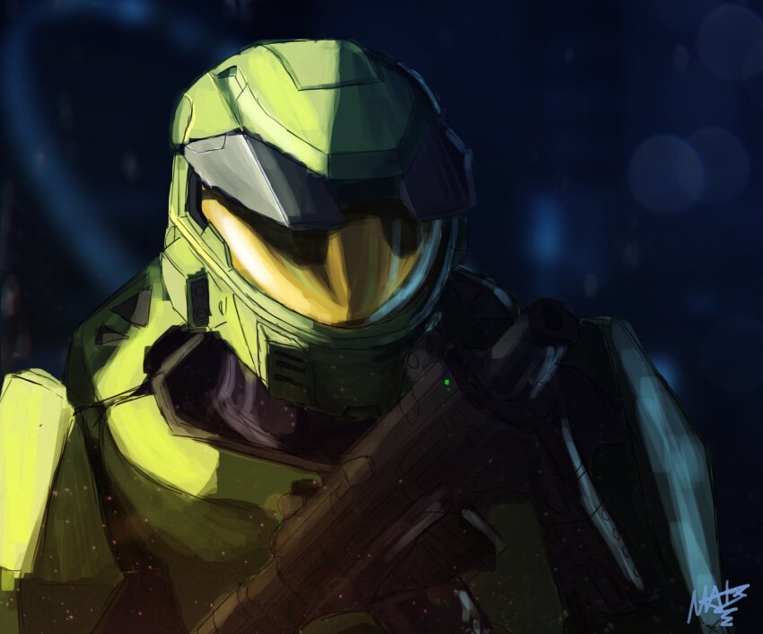 1boy armor commentary english_commentary green_helmet gun halo:_combat_evolved halo_(series) helmet highres holding holding_gun holding_weapon looking_down male_focus master_chief portrait power_armor rythayze signature sketch solo spartan_(halo) submachine_gun weapon