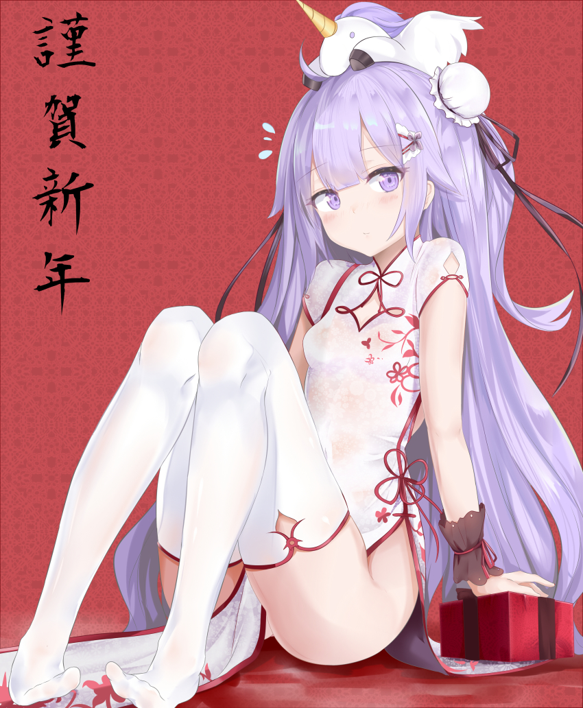 1girl absurdres ahoge azur_lane bun_cover china_dress chinese_clothes commentary doll_on_head dress female_focus hair_bun highres long_hair looking_at_viewer pelvic_curtain purple_eyes purple_hair ru_zhai side_bun simple_background single_hair_bun single_side_bun sitting solo stuffed_animal stuffed_pegasus stuffed_toy stuffed_unicorn stuffed_winged_unicorn thighhighs translated unicorn_(azur_lane) unicorn_(the_gift_of_spring)_(azur_lane) white_thighhighs