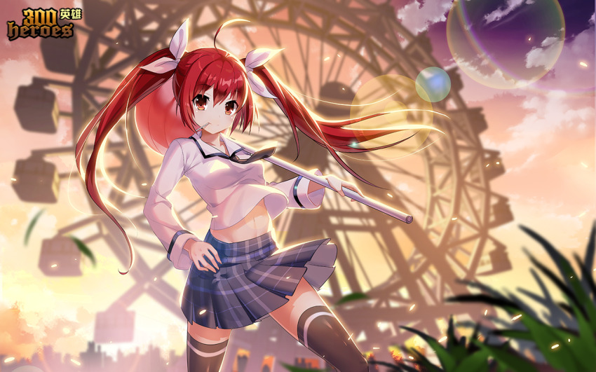 1girl 300_heroes ahoge black_thighhighs blue_skirt candy cloud date_a_live ferris_wheel food grass hair_ribbon holding holding_candy holding_food holding_lollipop itsuka_kotori lollipop long_sleeves looking_at_viewer official_art outdoors oversized_food oversized_object pleated_skirt red_eyes red_hair ribbon school_uniform serafuku skirt solo sunset thighhighs third-party_source twintails white_ribbon white_serafuku