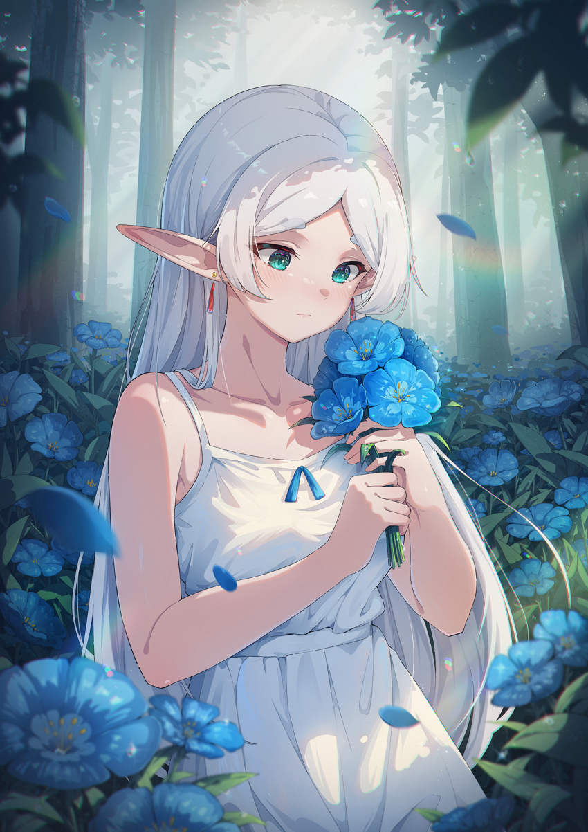 1girl aqua_eyes blue_flower blue_ribbon day dress earrings elf flower forest frieren highres holding holding_flower jewelry long_hair nature outdoors parted_bangs pointy_ears ribbon solo sousou_no_frieren straight_hair thick_eyebrows white_dress white_hair xiayou_sieg