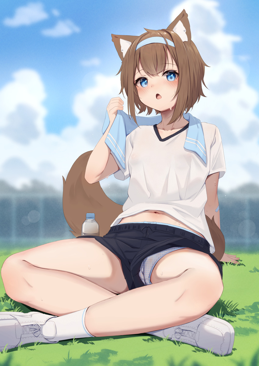 1girl absurdres animal_ears black_shorts blue_eyes blue_hairband blue_sky blurry blurry_background blush bottle brown_hair cloud commentary_request day fox_ears fox_girl fox_tail grass gym_shirt gym_uniform hairband highres hinata_(user_rjkt4745) looking_at_viewer navel no_bra open_mouth original outdoors panties panties_under_shorts shirt shoes short_hair short_sleeves shorts sitting sky socks sweat tail thighs towel towel_around_neck underwear white_footwear white_panties white_shirt white_socks