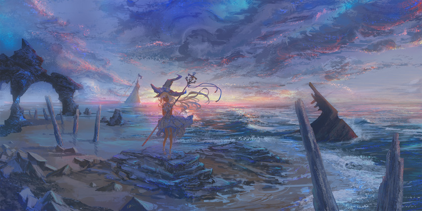 1girl animal_ears blonde_hair blue_hat cat_ears cat_girl collared_dress dark-skinned_female dark_skin dress hat highres koyamanatsu ocean orange_eyes original rock scenery shipwreck sky staff sunset walking white_dress wide_shot witch_hat