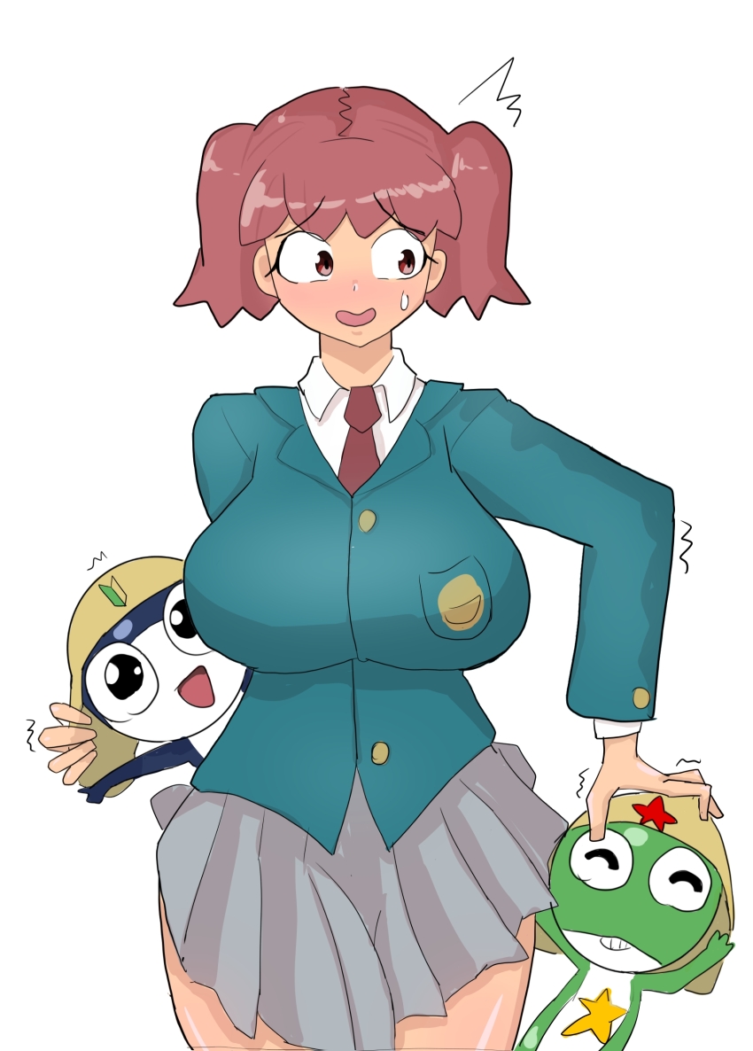 1girl 2boys absurdres breasts closed_eyes clothed_sex clothes dark-skinned_male dark_skin embarrassed grabbing_another&#039;s_ass grabbing_from_behind groping group_sex highres hinata_natsumi huge_breasts keroro keroro_gunsou medium_hair mmf_threesome monster_boy multiple_boys open_mouth pink_hair school_uniform sex sex_from_behind simple_background size_difference tamama threesome tongue tongue_out trembling twintails vaginal white_background