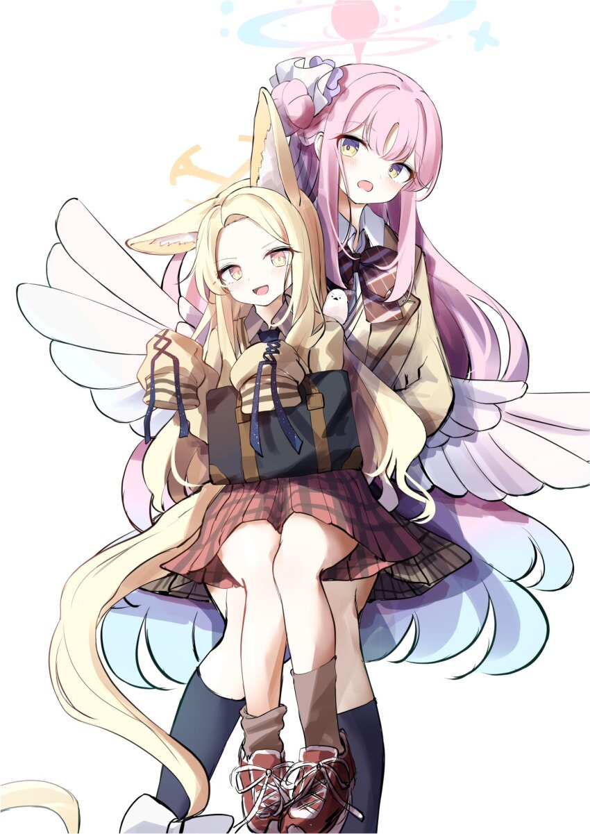 2girls :d alternate_costume angel_wings animal animal_ear_fluff animal_ears animal_on_shoulder bag bird bird_on_shoulder blonde_hair blue_archive blue_hair blush bow bowtie brown_shirt collared_shirt commentary_request cross-laced_shoes cross_halo feathered_wings fox_ears fox_girl frown full_body gradient_hair hair_bun halo hands_up highres holding holding_bag jacket long_hair looking_at_viewer low_wings mika_(blue_archive) miniskirt multicolored_hair multiple_girls open_mouth pink_hair pink_halo plaid_bow plaid_bowtie plaid_clothes plaid_skirt red_shoes red_skirt seia_(blue_archive) shiranui_(siranuiw) shirt shoes sidelocks simple_background single_side_bun sitting sitting_on_lap sitting_on_person skirt sleeves_past_fingers sleeves_past_wrists smile sneakers v-shaped_eyebrows very_long_hair white_background white_shirt white_wings wings yellow_eyes yellow_halo yellow_jacket