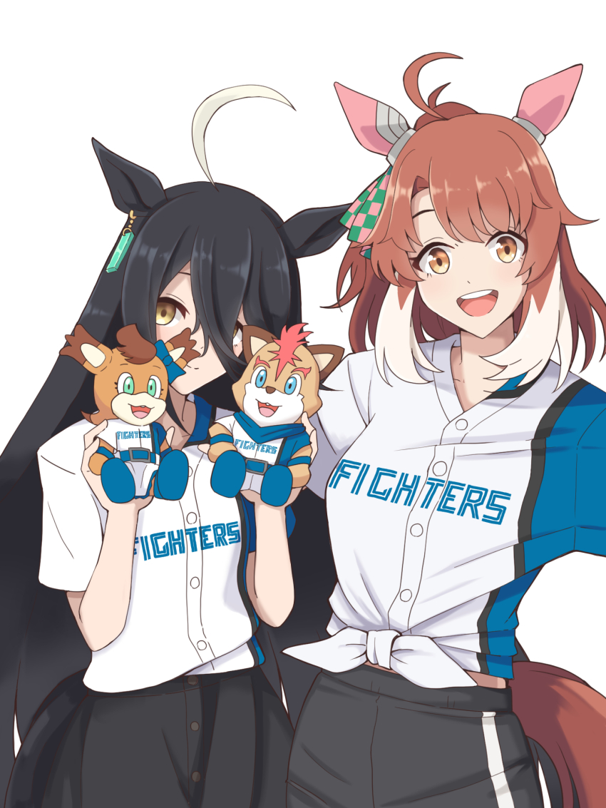 2girls ahoge alternate_costume animal_ears black_hair black_pants brown_hair colored_tips commentary_request cowboy_shot dantsu_flame_(umamusume) ear_covers ear_ornament earrings hair_between_eyes highres hokkaido_nippon-ham_fighters horse_ears horse_girl horse_tail jewelry long_hair looking_at_viewer manhattan_cafe_(umamusume) multicolored_hair multiple_girls nippon_professional_baseball pants shirt short_hair short_sleeves simple_background single_earring streaked_hair tail tied_shirt umamusume white_background white_hair zyuuyon