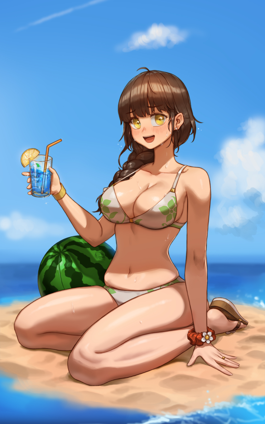 1girl :d absurdres ball beach beachball bikini blue_hawaii blue_sky blush braid braided_ponytail breasts brown_hair cloud day drink drinking_straw earrings floral_print green_bikini hair_over_shoulder highres holding holding_drink ice ice_cube jewelry large_breasts long_hair looking_at_viewer mistcastle navel ocean open_mouth original outdoors red_scrunchie sand scrunchie sitting skindentation sky slippers smile solo stomach strap_gap stud_earrings sweat swimsuit thighs tropical_drink two-tone_bikini water watermelon_beachball white_bikini wrist_scrunchie yellow_eyes yellow_wristband