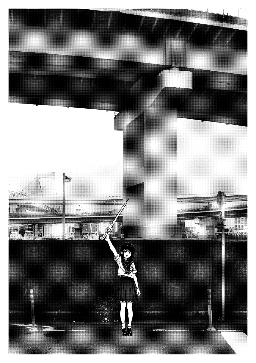 1girl :d absurdres amemori_sayo arm_at_side arm_up braid bridge greyscale highres holding holding_umbrella legs_together long_hair looking_at_viewer low_twin_braids monochrome neckerchief nijisanji nkymyura open_mouth outdoors photo_background pleated_skirt road road_sign school_uniform serafuku shirt shoes short_sleeves sidelocks sign skirt smile socks solo stone_wall traffic_barrier twin_braids umbrella virtual_youtuber watch wide_shot wristwatch