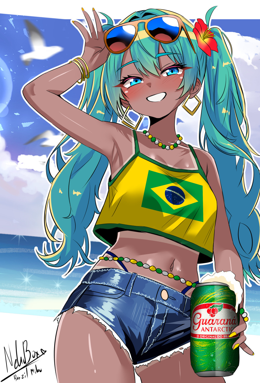 1girl absurdres aqua_eyes aqua_hair beach bikini bird blue_bikini blush bracelet brazilian_flag_print brazilian_miku breasts can crop_top denim denim_shorts drink_can earrings eyebrows_hidden_by_hair eyewear_on_head flower guarana_antarctica hair_between_eyes hair_flower hair_ornament hatsune_miku highres holding holding_can jewelry large_breasts long_hair looking_at_viewer midriff nail_polish navel nekobox ocean open_mouth seagull shirt shirt_overhang short_shorts shorts signature smile soda_can solo sunglasses swimsuit teeth twintails vocaloid yellow_shirt