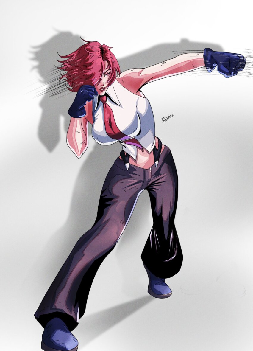 black_gloves boxing breasts brown_pants gloves large_breasts mature_female navel necktie pants red_eyes red_hair shirt short_hair sleveless_shirt snk the_king_of_fighters vanessa_(kof) white_shirt