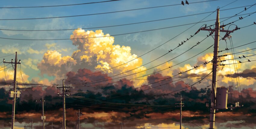 absurdres bird bird_on_power_lines blue_sky cloud cloudy_sky commentary_request cumulonimbus_cloud highres karasu_100 no_humans original outdoors power_lines scenery sky too_many too_many_birds utility_pole